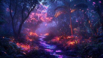 Obraz premium Glowing bioluminescent forest trees and plants emitting vibrant colors in the darkness