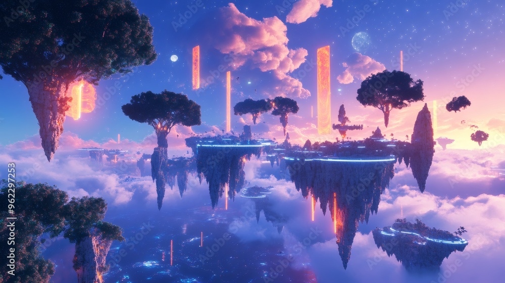 Wall mural surreal floating islands with glowing trees and pillars in the sky.