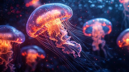 Naklejka premium Glowing jellyfish a deep blue ocean with bioluminescent colors creating a mystical scene