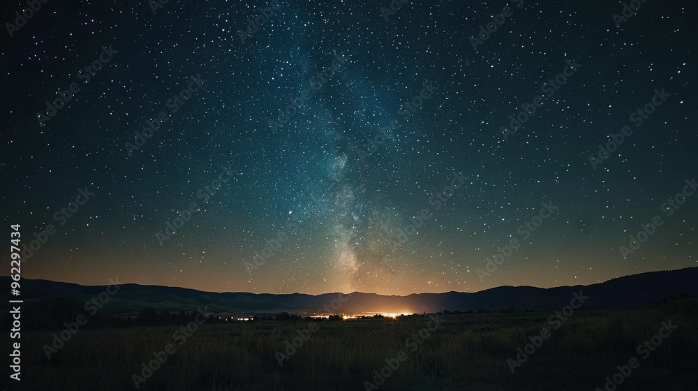 Poster   A stunning view of the night sky with a clear Milky Way in the foreground and majestic mountains in the background