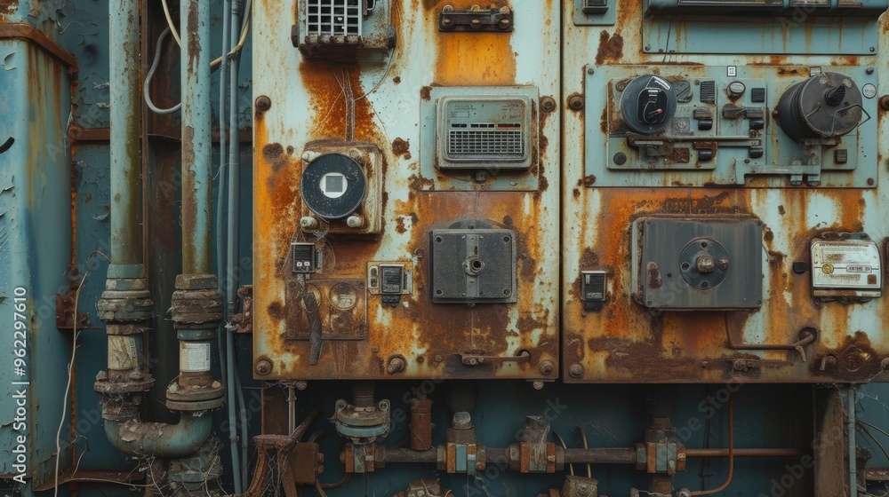 Poster a detailed view of a weathered industrial control panel with rusted surfaces, outdated meters, and w
