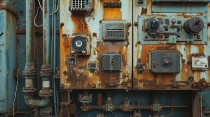 A detailed view of a weathered industrial control panel with rusted surfaces, outdated meters, and worn dials. The image captures the decay and aging of once-functional machinery, highlighting its