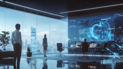 Three business people stand in a modern office with large windows looking out at the city skyline. A large screen displays a hologram of a global network connection.