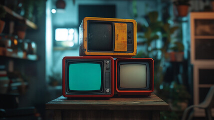 Three vintage televisions stacked on a wooden table in a cozy room with plants in the background during early evening