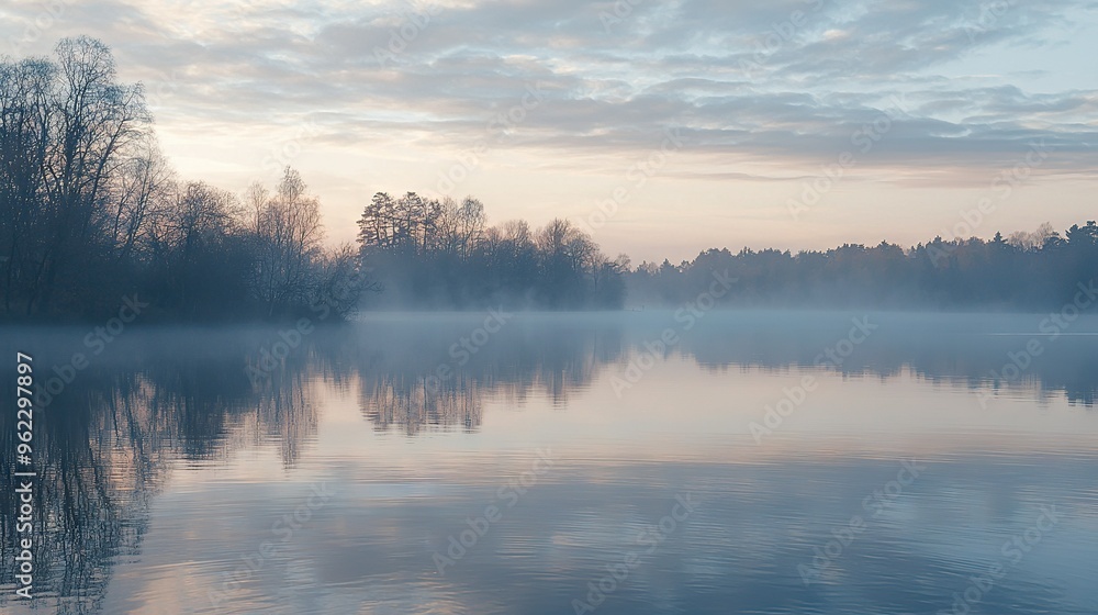 Canvas Prints   A tranquil water scene featuring lush greenery and a hazy atmosphere, punctuated by distant cloud formations