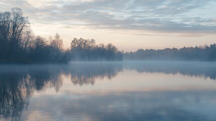 Fototapeta premium A tranquil water scene featuring lush greenery and a hazy atmosphere, punctuated by distant cloud formations
