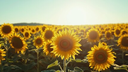 Obraz premium A vast sunflower field bathed in sunlight filtering through the leaves and directly illuminating them