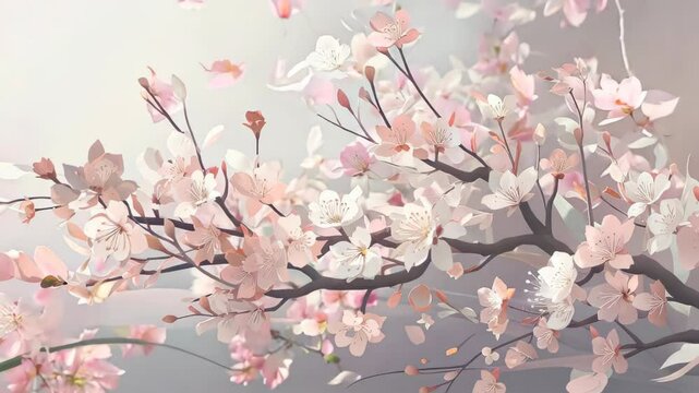 illustrated video of cherry blossom in full bloom, Cherry flowers and leaves moving with air, Slow motion cherry blossom background