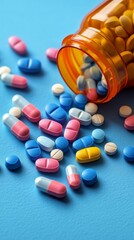 Colorful pills spilling from brown bottle on blue background