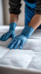 Fototapeta premium Hands in Blue Gloves Cleaning White Mattress 