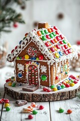 Colorful Gingerbread House with Candy Decorations on Wooden Base