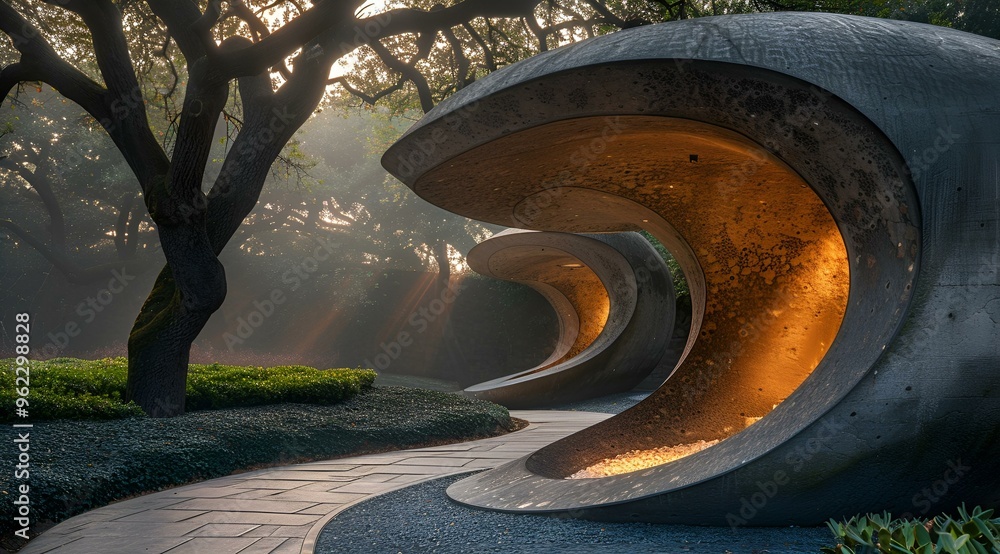 Poster a curved walkway with trees and a tunnel.