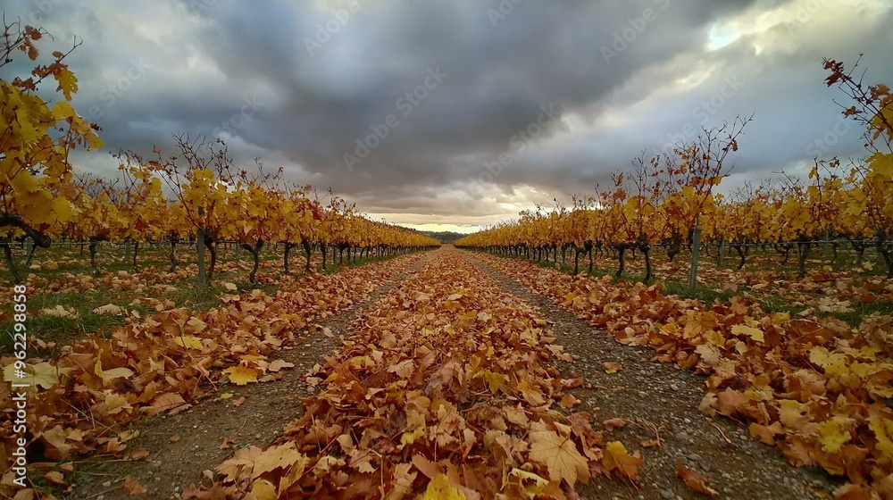 Canvas Prints   Yellow trees in rows with leaves on the ground in front of each other