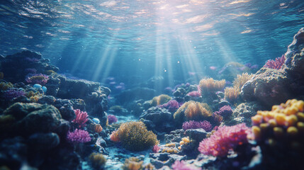 Vibrant underwater landscape featuring colorful coral reefs illuminated by sunlight in a serene ocean environment during midday
