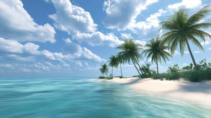 Tropical beach scene with palm trees, turquoise water, and white sand.