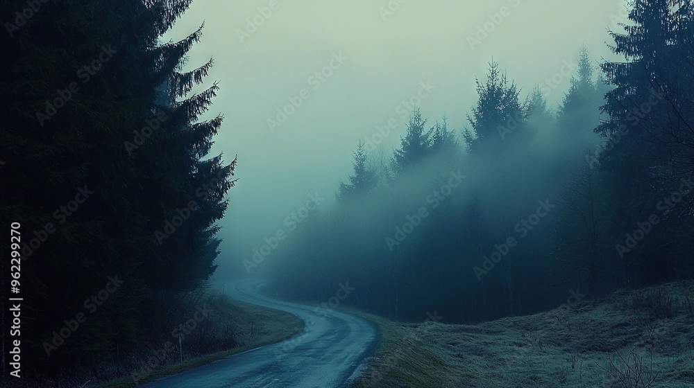 Sticker   A road, obscured by fog, lies between towering pine trees in a dense forest