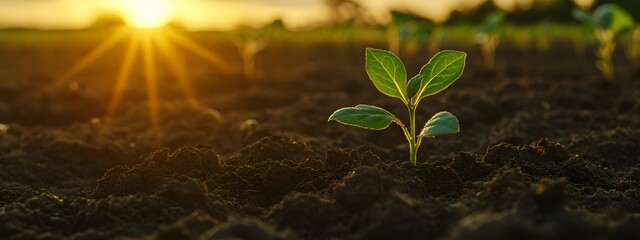 The seedling is growing in the soil, with sunlight shining on it and trees behind it