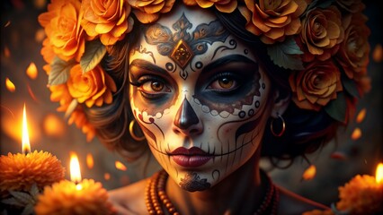 Day of the Dead Woman with Painted Skull Face and Marigolds