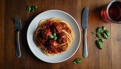 A plate of spaghetti and meatballs seen from above, leaving room for your text or design.