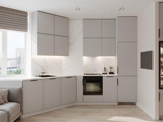 Ceiling-to-ceiling kitchen with build-in refrigerator,  wall cabinets, a stone countertop on the windowsill, where there are paired cups. The sockets are located on the kitchen apron.