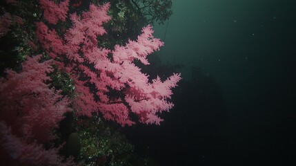   Pink coral close-up on ocean floor with scuba diver