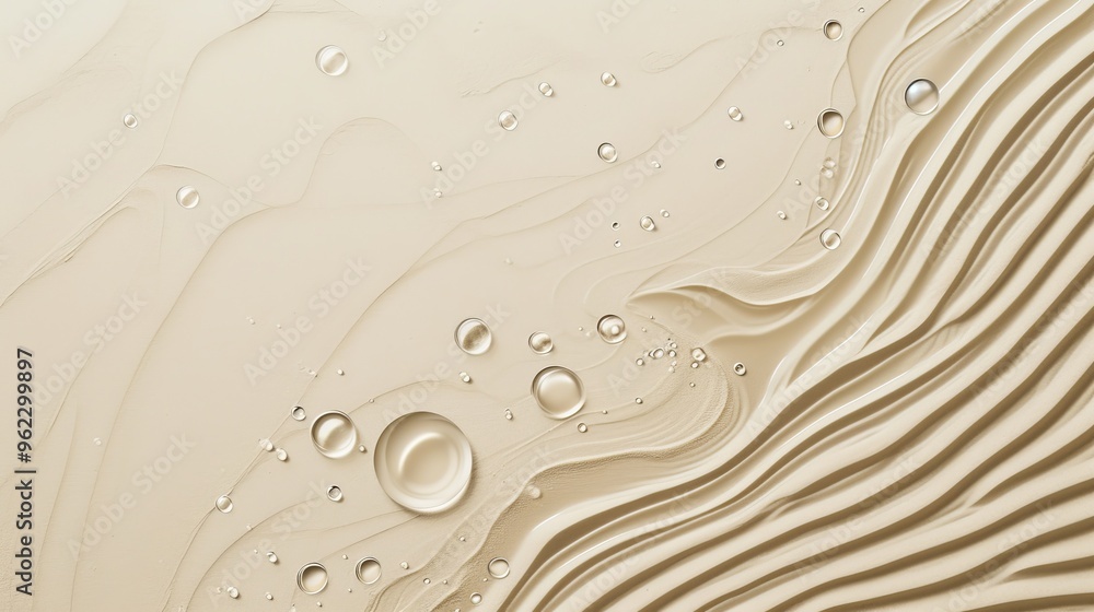 Poster a close-up abstract image showing ripples and bubbles across a cream-colored surface with flowing li