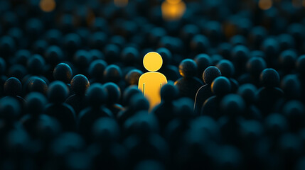 A lone golden figure stands out amongst a sea of ​​darker silhouettes representing individuality and the power of standing out from the crowd. The importance of uniqueness in a collective setting