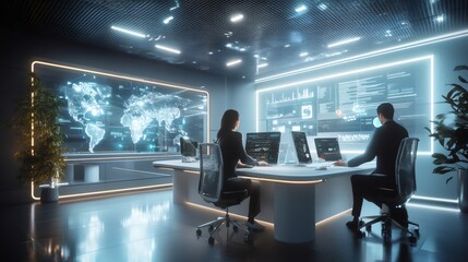 Two people in a futuristic office working at computers with a world map and data displayed on the screen.