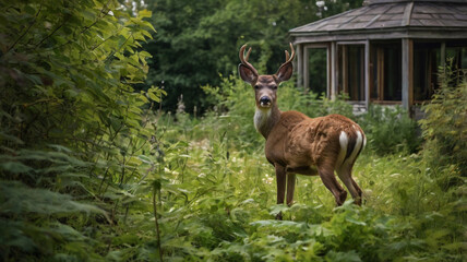 Deer in the Gazebo: A majestic buck stands tall in a lush forest clearing, gazing towards an old, weathered gazebo. The dappled sunlight creates a sense of mystery and wonder, inviting viewers to expl