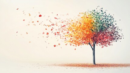 a solitary tree with leaves in various colors gently blowing in the wind, symbolizing change, emotional growth, and balance, with a clear, neutral background