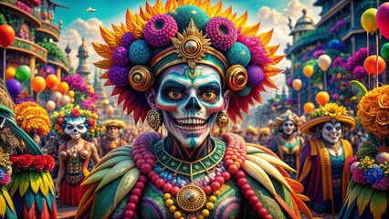 Colorful Day of the Dead Parade with Ornate Skeleton Costumes