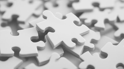 Obraz premium White puzzle pieces scattered on a flat surface, showcasing empty spaces ready for creative assembly and problem-solving