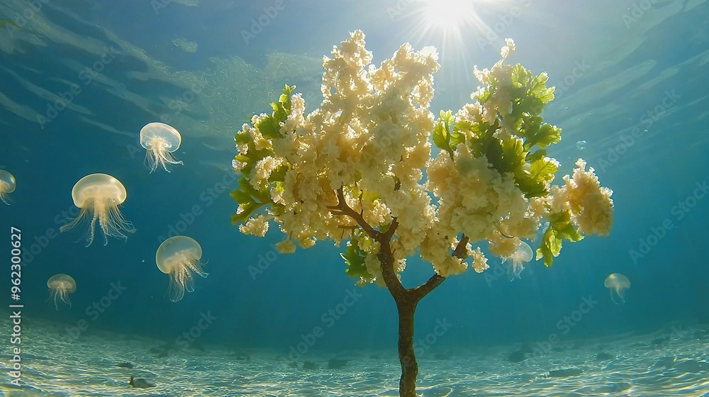 Canvas Prints  A lone tree stands amid an expanse of azure water, surrounded by clusters of iridescent jellyfish, as a brilliant sun burst illuminates the scene