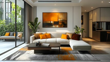 Nowoczesne wnętrze apartamentu z eleganckimi meblami, w tym smukłą sofą, stolikiem kawowym i abstrakcyjną sztuką na ścianach. Przestrzeń cechuje współczesna elegancja, jasne, naturalne oświetlenie