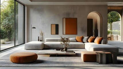 Nowoczesne wnętrze apartamentu z eleganckimi meblami, w tym smukłą sofą, stolikiem kawowym i abstrakcyjną sztuką na ścianach. Przestrzeń cechuje współczesna elegancja, jasne, naturalne oświetlenie