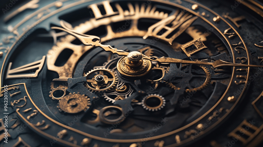 Poster intricate vintage clock mechanism showcasing gears and hands in a close-up view on a dark background