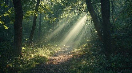  A path in the forest with sunlight filtering through the tree canopy on both sides