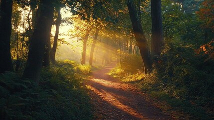 Obraz premium A sunbeam illuminates a tree-lined trail in a forest