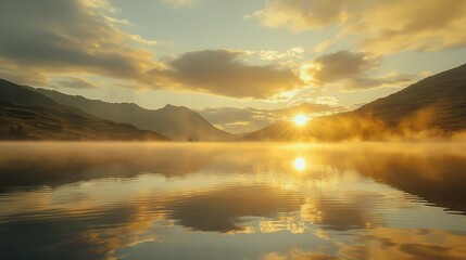 Fototapeta premium Water with mountains behind, sun set in middle, cloudy sky