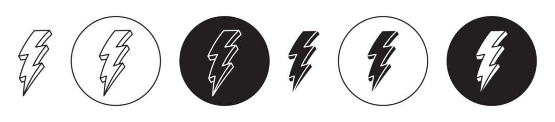 Thunder bolt vector icon set black filled and outlined style.