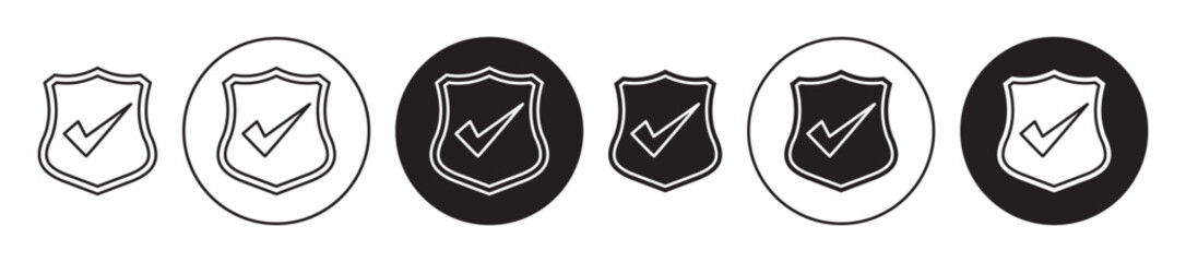 Shield check vector icon set black filled and outlined style.