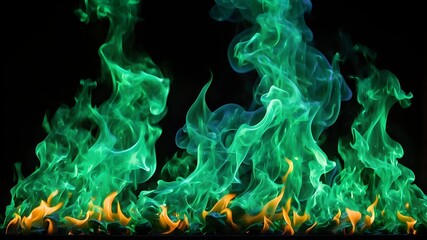 Hot, brilliant green flames against a black background, “Green and Blue Fire Flames on Black Background – Abstract Burning Effect”