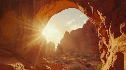   The sun shines through a rock formation's arch in Wadi Wading