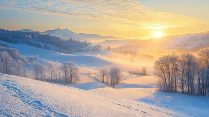   A winter wonderland, blanketed in snow, features towering trees and majestic mountains against a backdrop of clear blue skies The golden sun ascends, casting warm rays