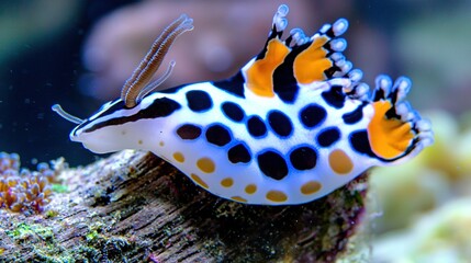   A close-up photo of a fish perched atop a wooden plank with surrounding aquatic life in the background