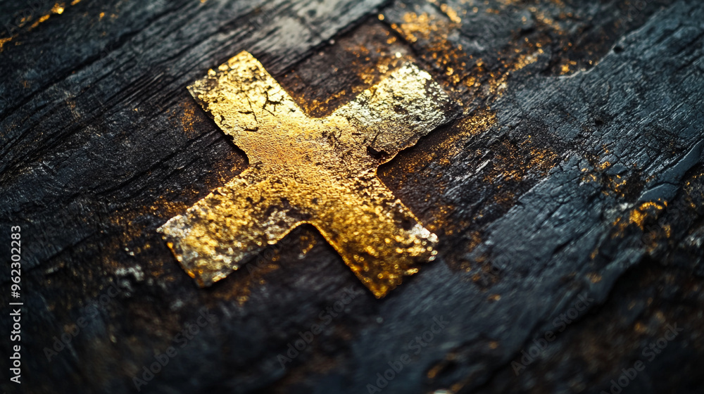 Poster golden cross emblem embedded in weathered wood highlighting craftsmanship and history in a rustic se
