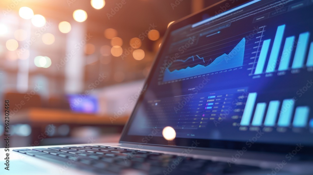 Poster laptop with data analysis graphs
