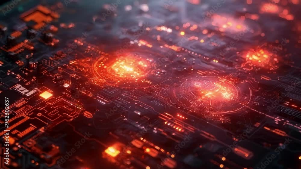 Poster glowing digital bitcoin symbol is appearing on a motherboard, suggesting cryptocurrency mining or bl