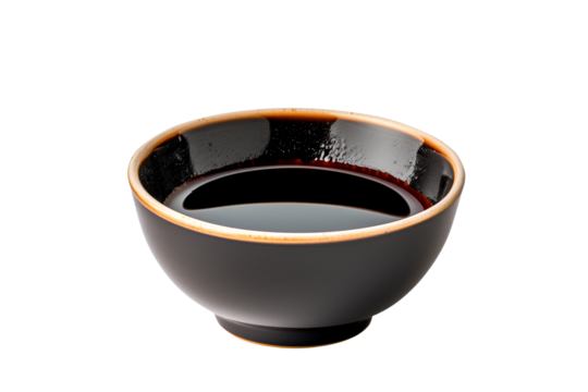 A porcelain dish containing dark soy sauce isolated on white transparent background.