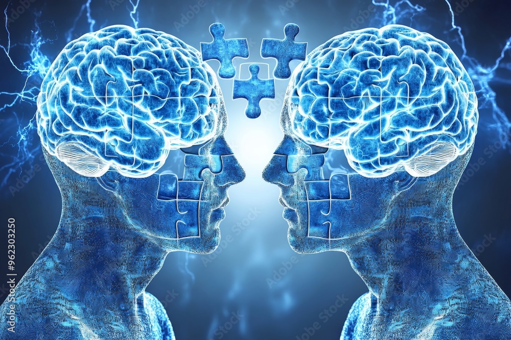 Poster synchronization in conversation brain stimulation two holographic brains engaging in a mental puzzle